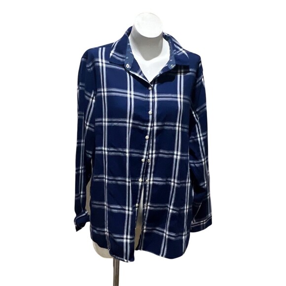Jachs Girlfriend Womens Button-Up Shirt Size XL Navy Blue White Plaid - Picture 3 of 10